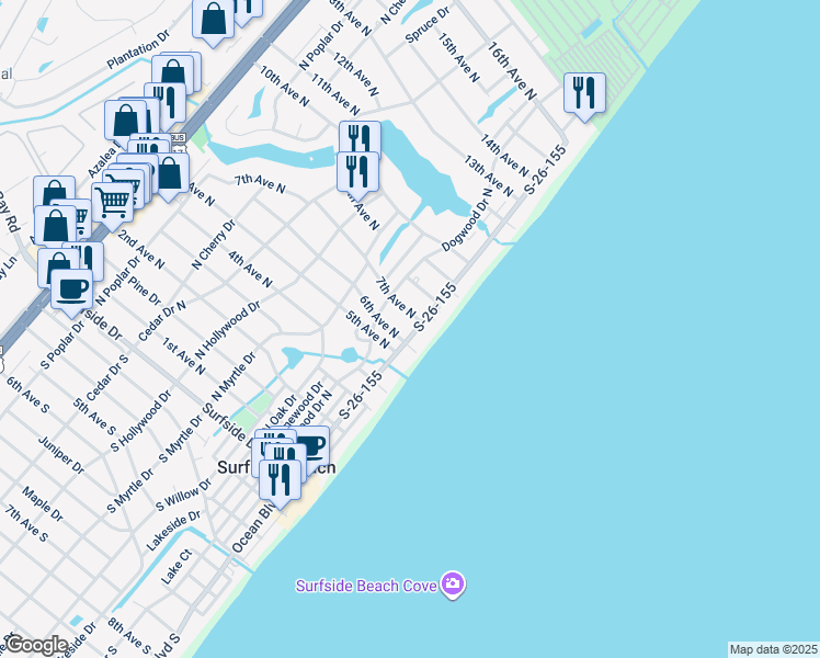 map of restaurants, bars, coffee shops, grocery stores, and more near 613B North Ocean Boulevard in Surfside Beach