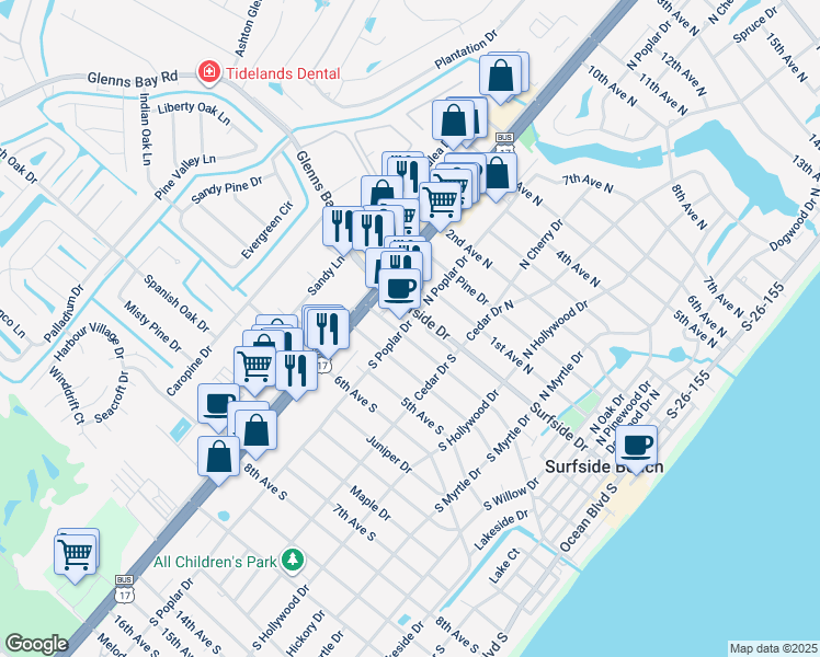 map of restaurants, bars, coffee shops, grocery stores, and more near 810 3rd Avenue South in Surfside Beach