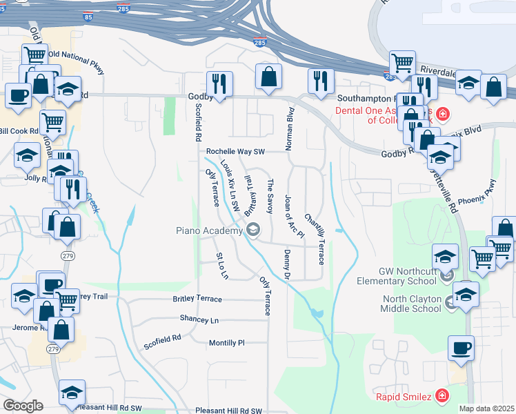 map of restaurants, bars, coffee shops, grocery stores, and more near 5312 Brittany Trail in Atlanta