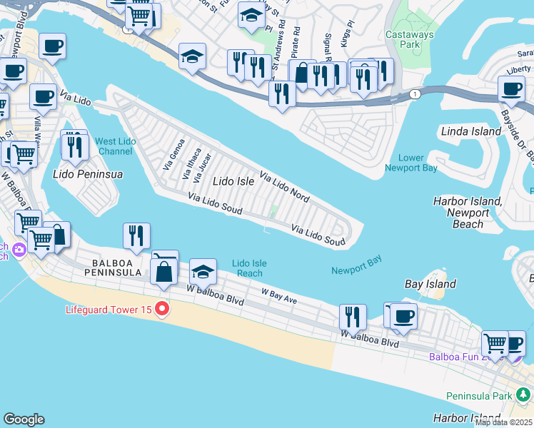 map of restaurants, bars, coffee shops, grocery stores, and more near 103 Via San Remo in Newport Beach