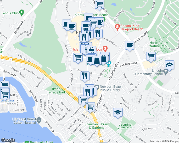 map of restaurants, bars, coffee shops, grocery stores, and more near 270 Newport Center Drive in Newport Beach