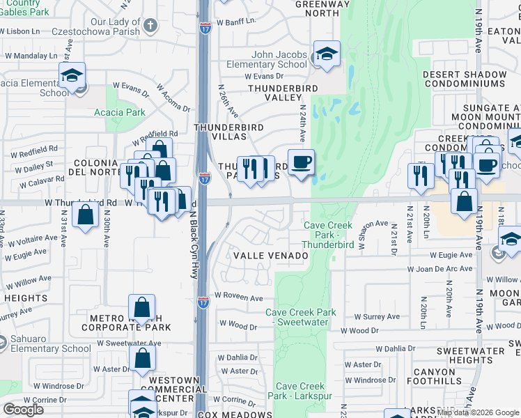 map of restaurants, bars, coffee shops, grocery stores, and more near 2518 West Rue De Lamour Avenue in Phoenix
