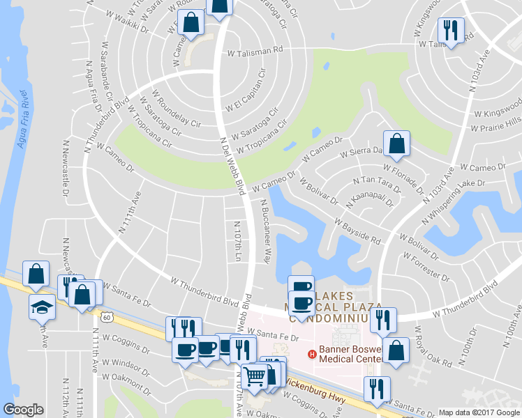 map of restaurants, bars, coffee shops, grocery stores, and more near 13850 North Buccaneer Way in Sun City
