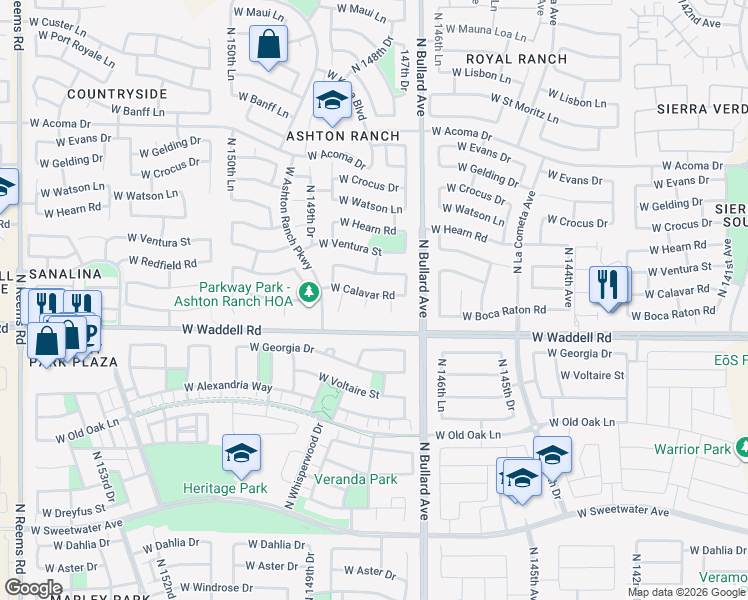 map of restaurants, bars, coffee shops, grocery stores, and more near 13873 North 148th Avenue in Surprise