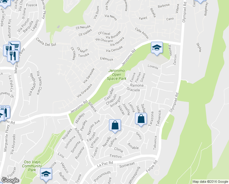 map of restaurants, bars, coffee shops, grocery stores, and more near 28101 Chapulin in Mission Viejo