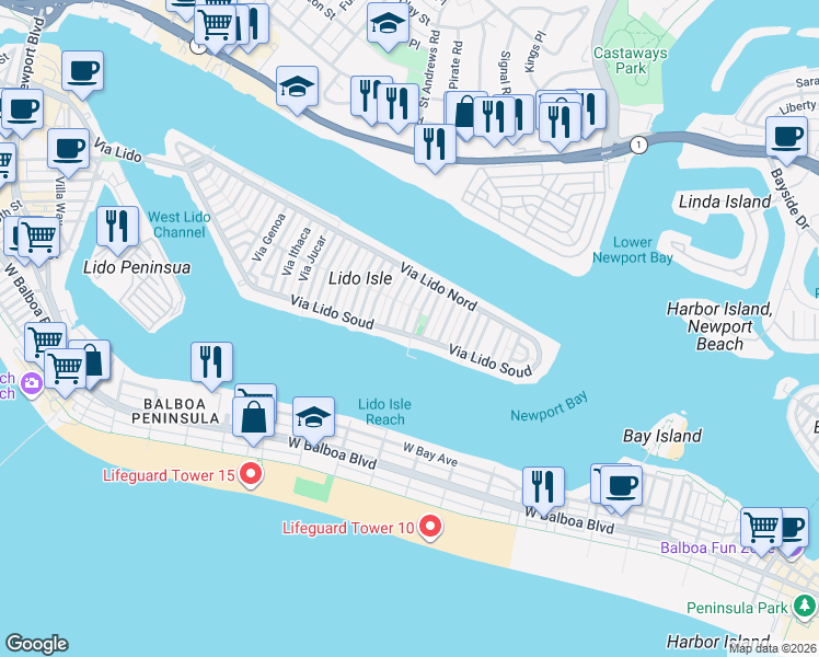map of restaurants, bars, coffee shops, grocery stores, and more near 103 Via San Remo in Newport Beach