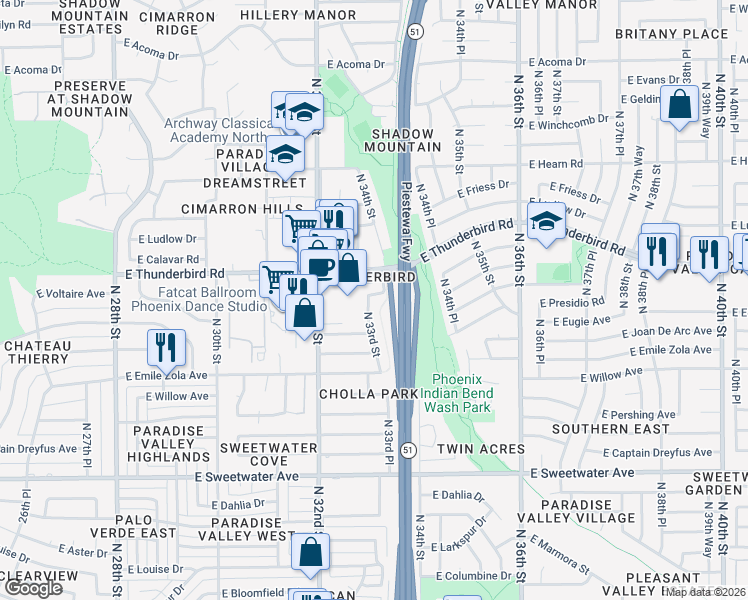 map of restaurants, bars, coffee shops, grocery stores, and more near 3301 East Sharon Drive in Phoenix