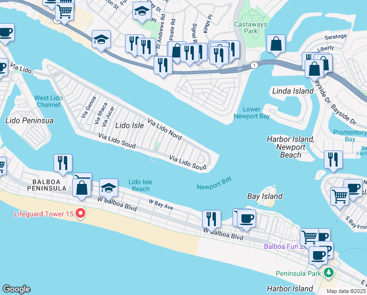 map of restaurants, bars, coffee shops, grocery stores, and more near 136 Via Waziers in Newport Beach