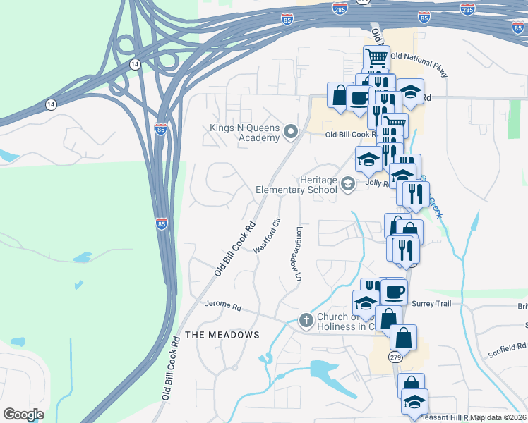 map of restaurants, bars, coffee shops, grocery stores, and more near 5310 Old Bill Cook Road in Atlanta