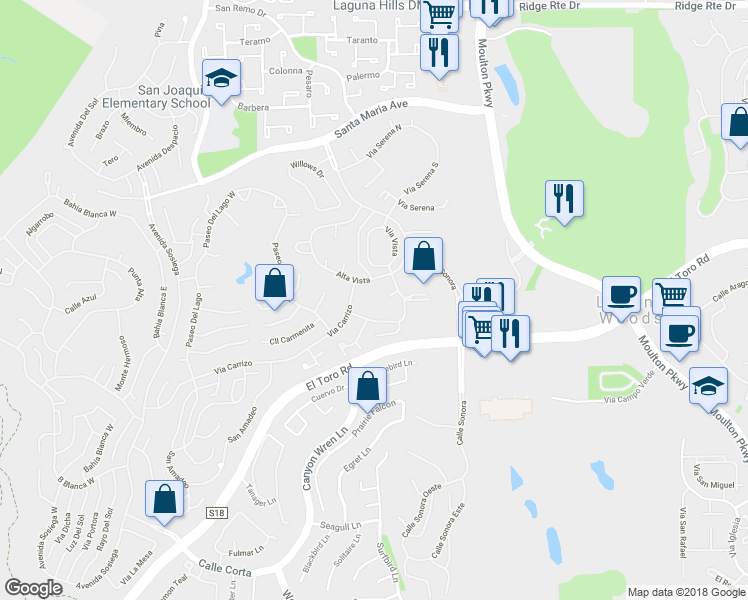 map of restaurants, bars, coffee shops, grocery stores, and more near 3190 Via Buena Vista Road in Laguna Woods