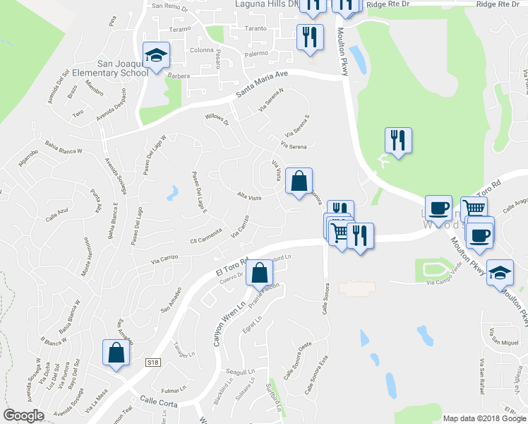 map of restaurants, bars, coffee shops, grocery stores, and more near 3188 Via Buena Vista Road in Laguna Woods