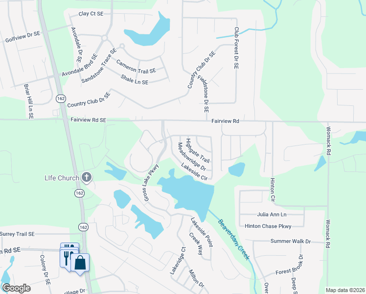 map of restaurants, bars, coffee shops, grocery stores, and more near 85 Meadowridge Drive in Covington