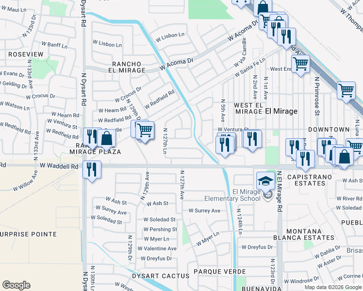 map of restaurants, bars, coffee shops, grocery stores, and more near 12730 West Calavar Road in El Mirage