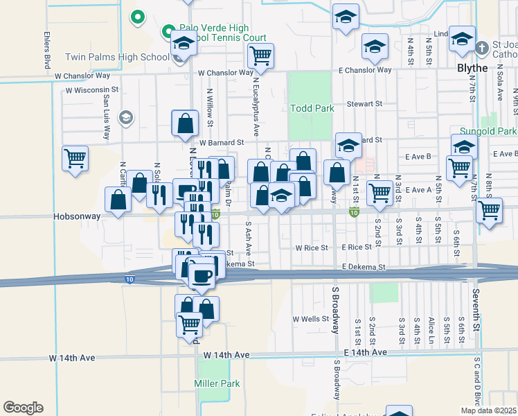map of restaurants, bars, coffee shops, grocery stores, and more near 423 West Hobsonway in Blythe