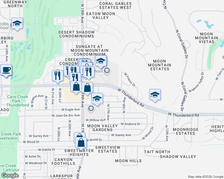 map of restaurants, bars, coffee shops, grocery stores, and more near 1633 West Thunderbird Road in Phoenix