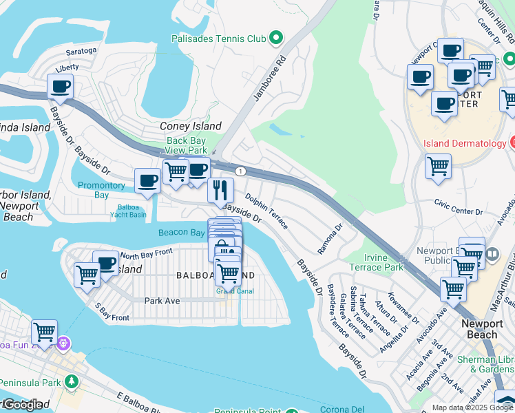 map of restaurants, bars, coffee shops, grocery stores, and more near 1215 Dolphin Terrace in Newport Beach