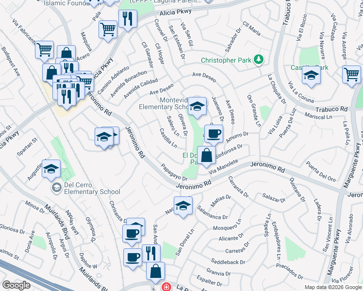 map of restaurants, bars, coffee shops, grocery stores, and more near 24262 Olivera Drive in Mission Viejo