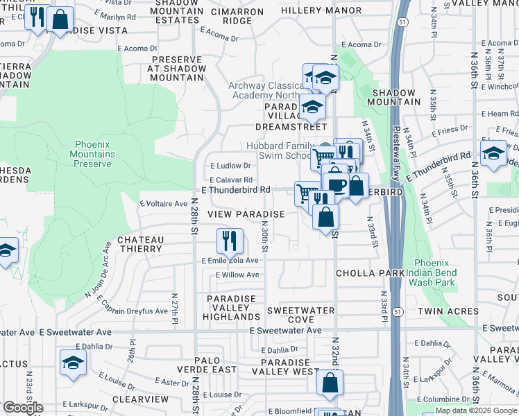 map of restaurants, bars, coffee shops, grocery stores, and more near 13615 North 29th Place in Phoenix