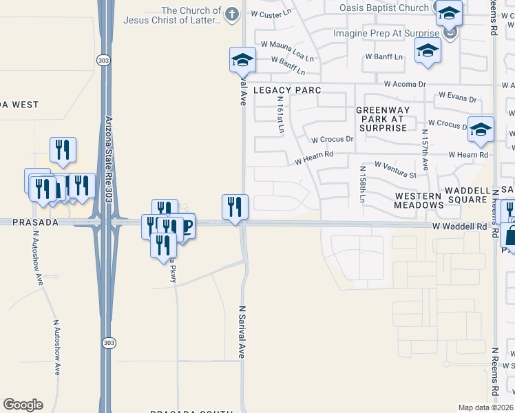 map of restaurants, bars, coffee shops, grocery stores, and more near 16238 West Boca Raton Road in Surprise