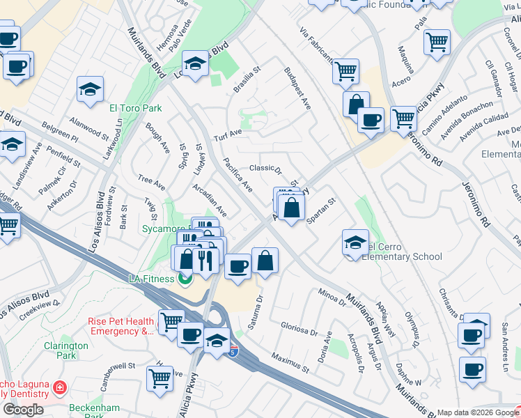 map of restaurants, bars, coffee shops, grocery stores, and more near 25422 Pacifica Avenue in Mission Viejo