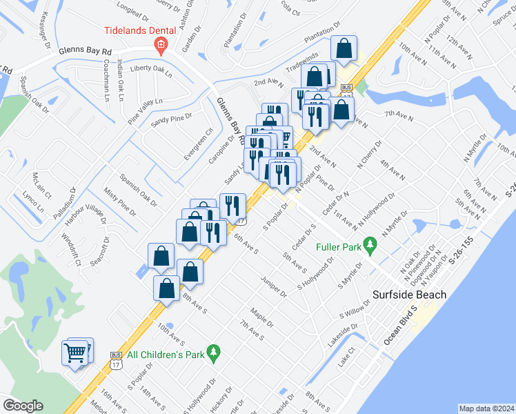 map of restaurants, bars, coffee shops, grocery stores, and more near 301 U.S. 17 Business in Surfside Beach