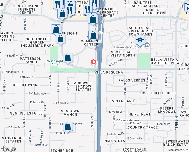 map of restaurants, bars, coffee shops, grocery stores, and more near 8751 East Sharon Drive in Scottsdale