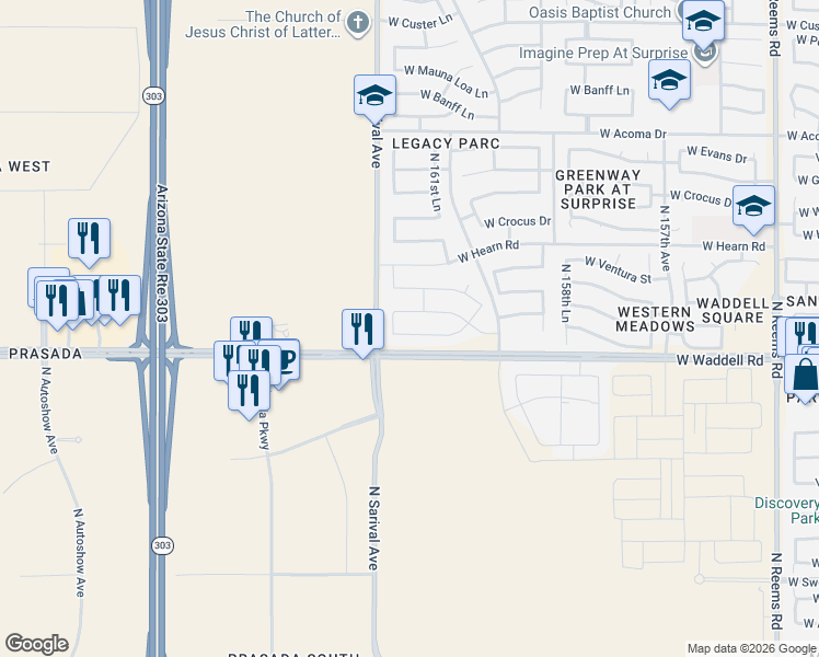 map of restaurants, bars, coffee shops, grocery stores, and more near 16238 West Boca Raton Road in Surprise