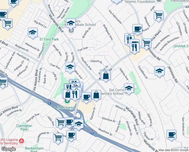 map of restaurants, bars, coffee shops, grocery stores, and more near 25422 Pacifica Avenue in Mission Viejo