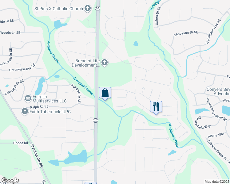 map of restaurants, bars, coffee shops, grocery stores, and more near 1108 Fountain Crest Drive in Conyers