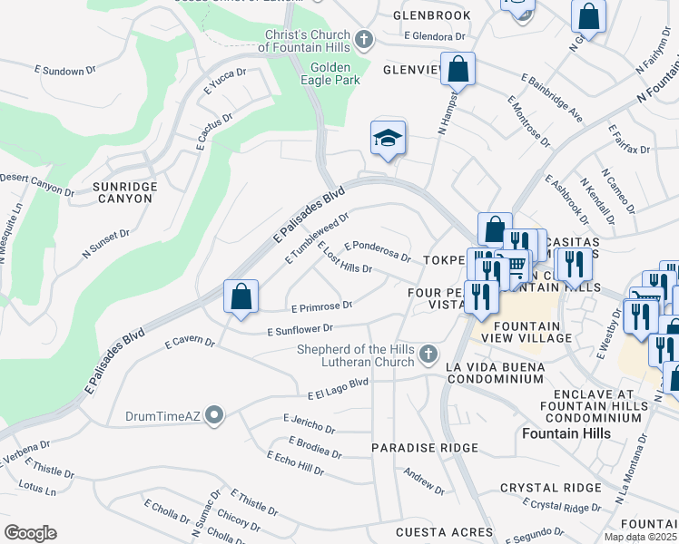 map of restaurants, bars, coffee shops, grocery stores, and more near 15951 East Lost Hills Drive in Fountain Hills