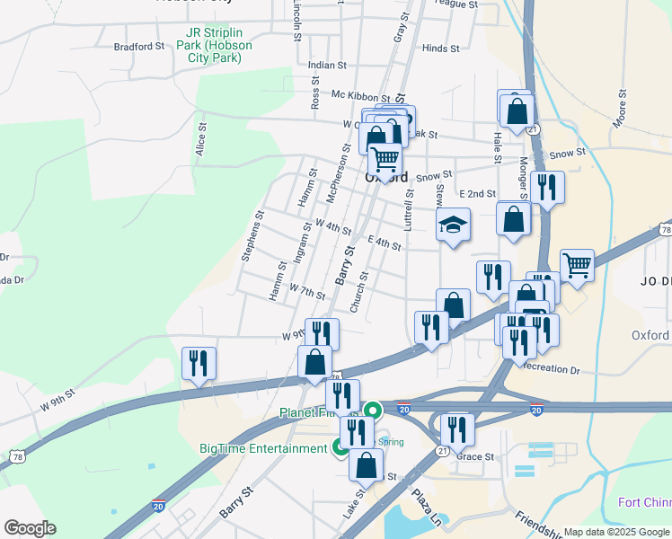map of restaurants, bars, coffee shops, grocery stores, and more near 1024 Barry Street in Oxford