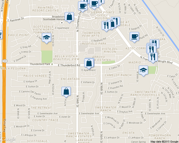 map of restaurants, bars, coffee shops, grocery stores, and more near 9595 East Thunderbird Road in Scottsdale