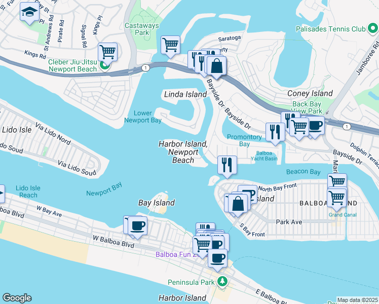map of restaurants, bars, coffee shops, grocery stores, and more near 11 Harbor Island in Newport Beach