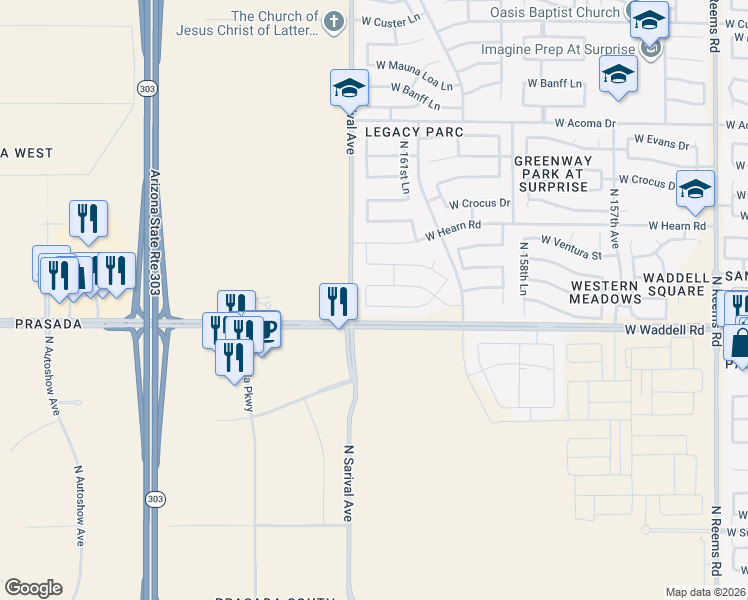 map of restaurants, bars, coffee shops, grocery stores, and more near 16238 West Boca Raton Road in Surprise