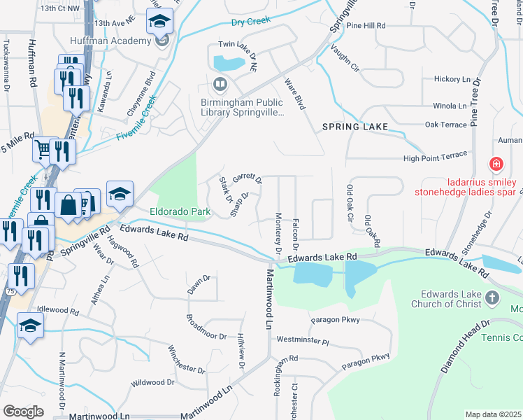 map of restaurants, bars, coffee shops, grocery stores, and more near 949 Garrett Drive in Birmingham