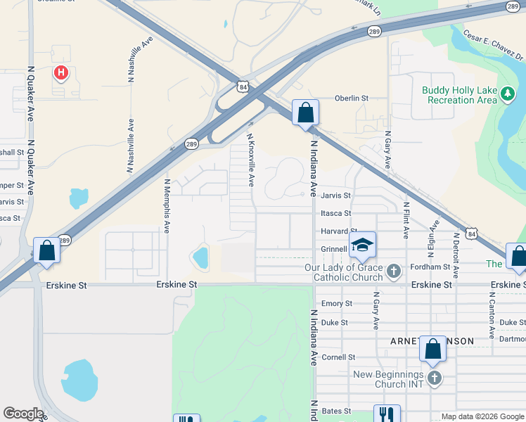 map of restaurants, bars, coffee shops, grocery stores, and more near 3438 Itasca Street in Lubbock