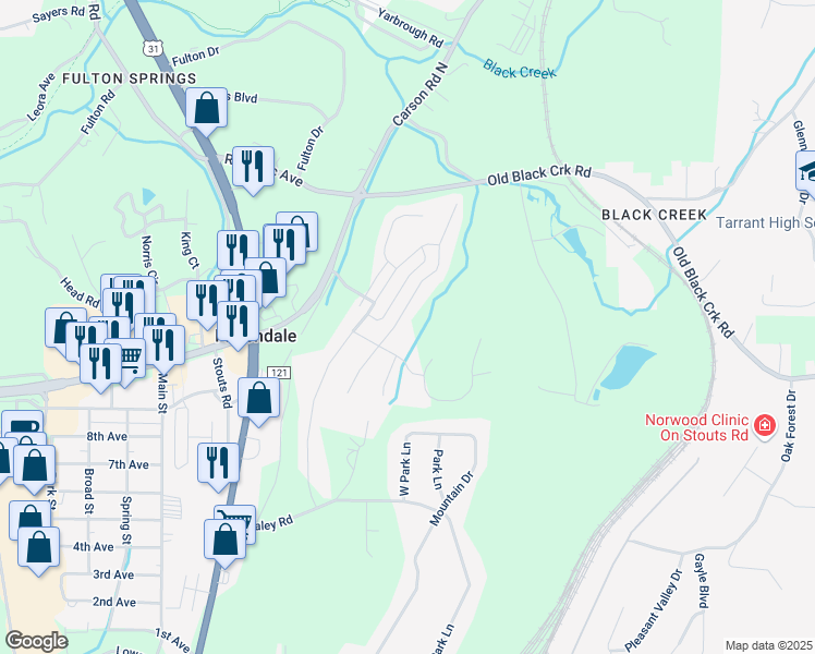 map of restaurants, bars, coffee shops, grocery stores, and more near 3606 Grand Central Avenue in Fultondale