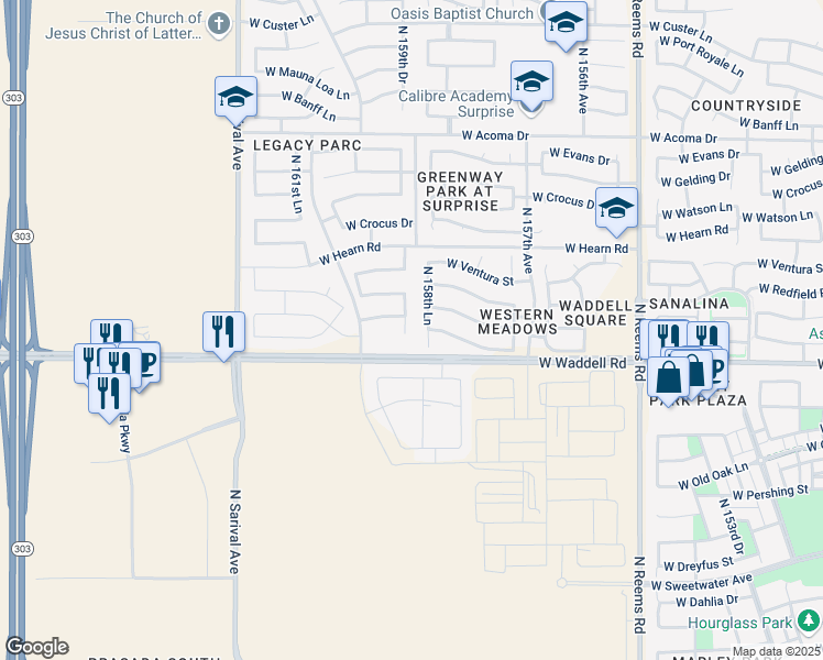 map of restaurants, bars, coffee shops, grocery stores, and more near 13879 North 159th Drive in Surprise