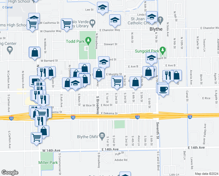 map of restaurants, bars, coffee shops, grocery stores, and more near 203 East Hobsonway in Blythe