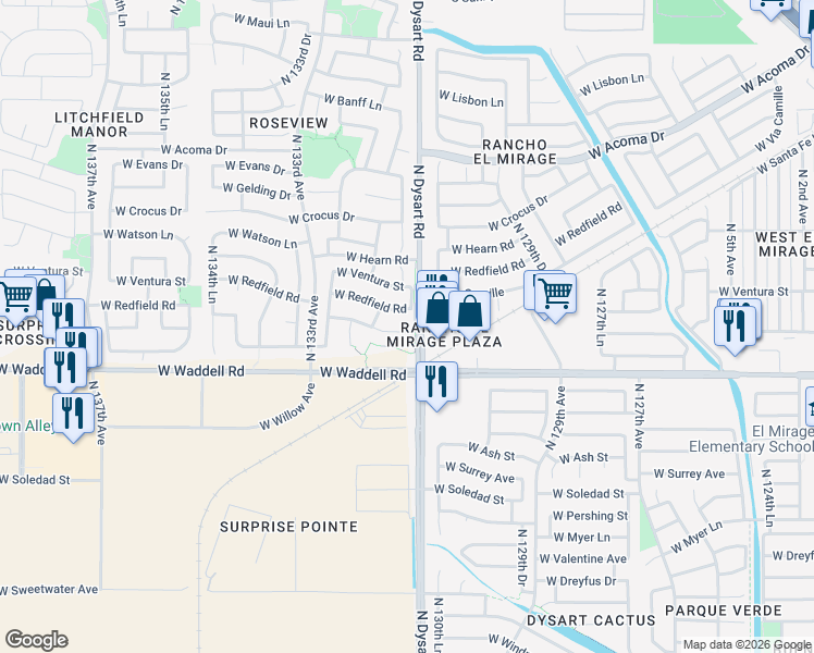 map of restaurants, bars, coffee shops, grocery stores, and more near 13114 West Calavar Road in Surprise