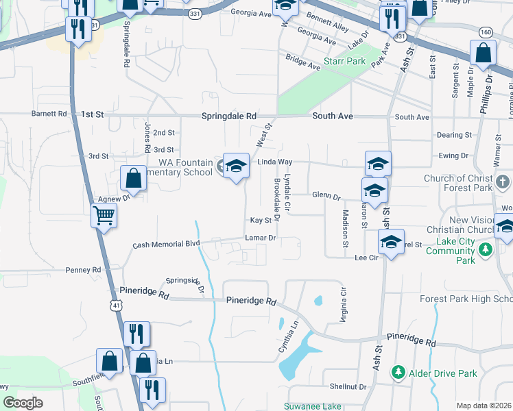 map of restaurants, bars, coffee shops, grocery stores, and more near 5271 Albert Drive in Forest Park