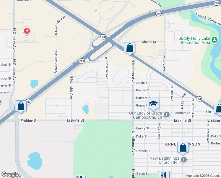 map of restaurants, bars, coffee shops, grocery stores, and more near 3438 Itasca Street in Lubbock