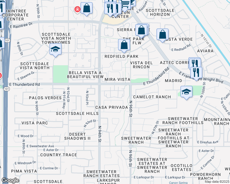 map of restaurants, bars, coffee shops, grocery stores, and more near 9595 East Thunderbird Road in Scottsdale