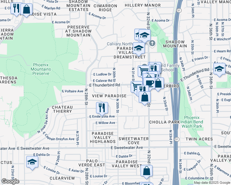map of restaurants, bars, coffee shops, grocery stores, and more near 13615 North 29th Place in Phoenix