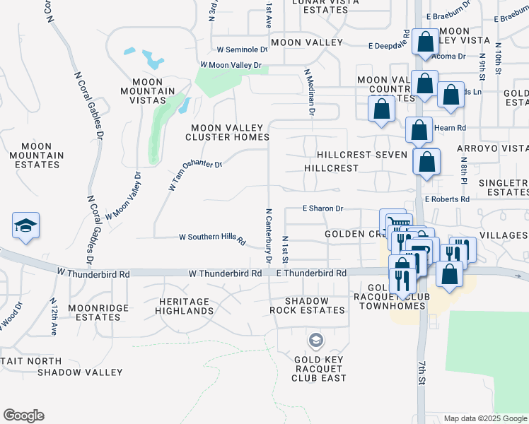 map of restaurants, bars, coffee shops, grocery stores, and more near 13636 North Canterbury Drive in Phoenix