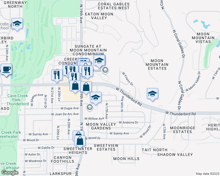 map of restaurants, bars, coffee shops, grocery stores, and more near 1633 West Thunderbird Road in Phoenix