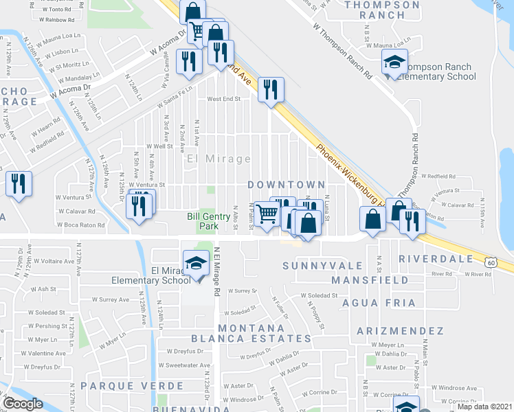 map of restaurants, bars, coffee shops, grocery stores, and more near 13910 North Primrose Street in El Mirage