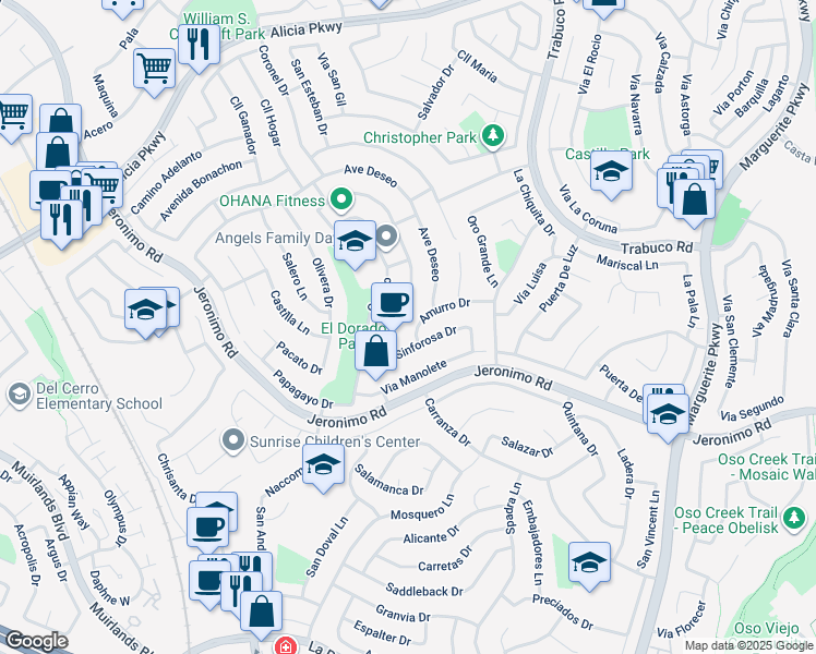map of restaurants, bars, coffee shops, grocery stores, and more near 24261 Amurro Drive in Mission Viejo