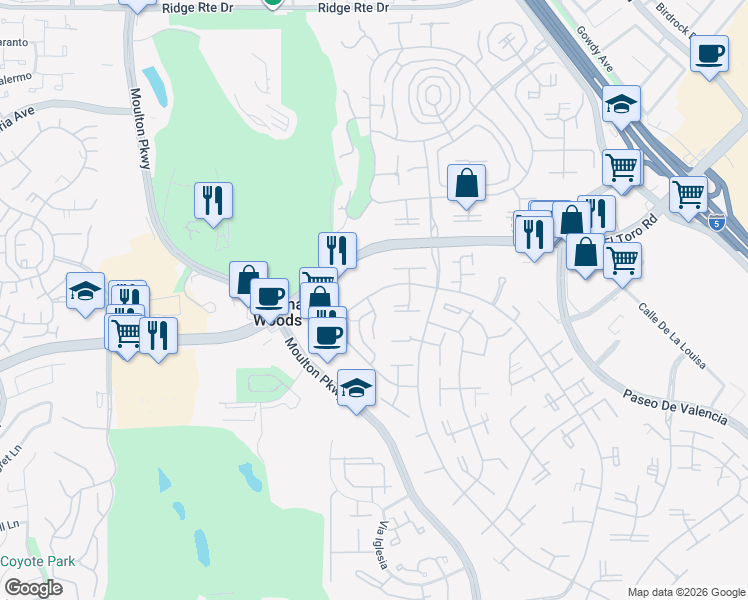 map of restaurants, bars, coffee shops, grocery stores, and more near 956 Calle Aragon in Laguna Woods
