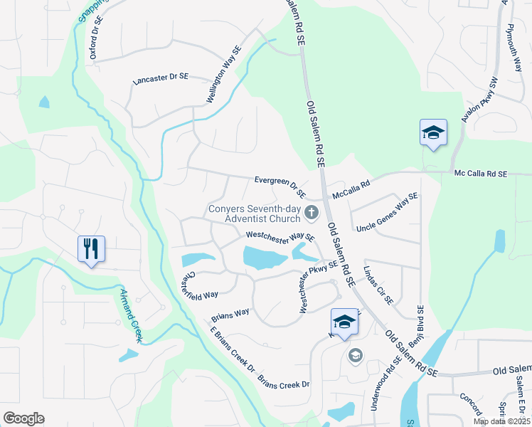 map of restaurants, bars, coffee shops, grocery stores, and more near 3111 Green Gate Way Southeast in Conyers